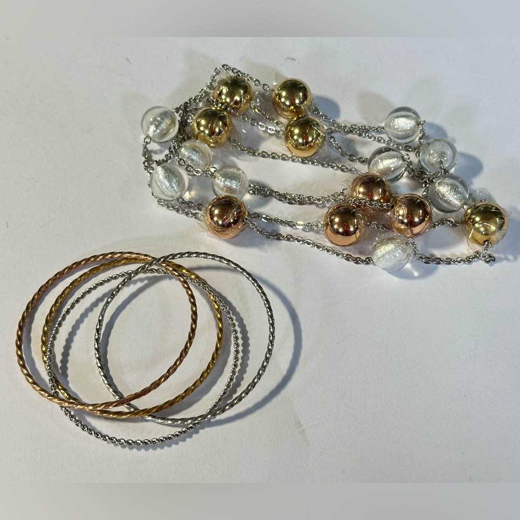 Dsmk Stainless Tri Color Necklace Bracelet Lot Glass Metal Beads Twisted Bangle